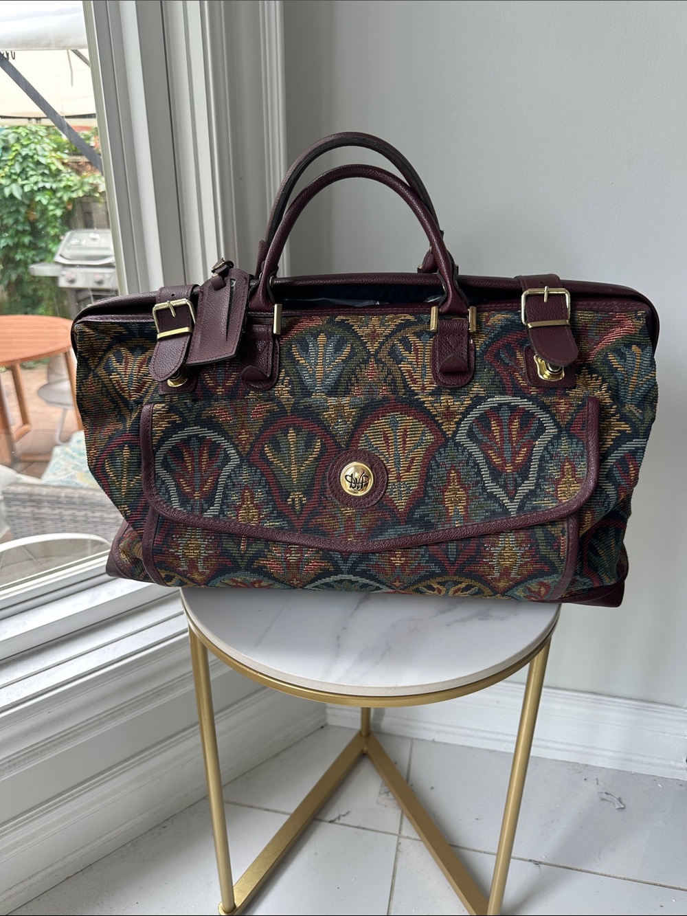 VINTAGE DVF DIANE VON FURSTENBERG Tapestry Travel Duffel Overnight Bag Burgundy